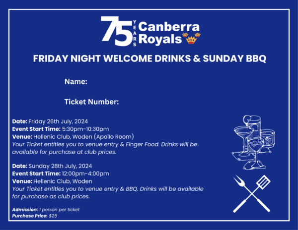 canberra royals friday night welcome drinks & sunday bbq